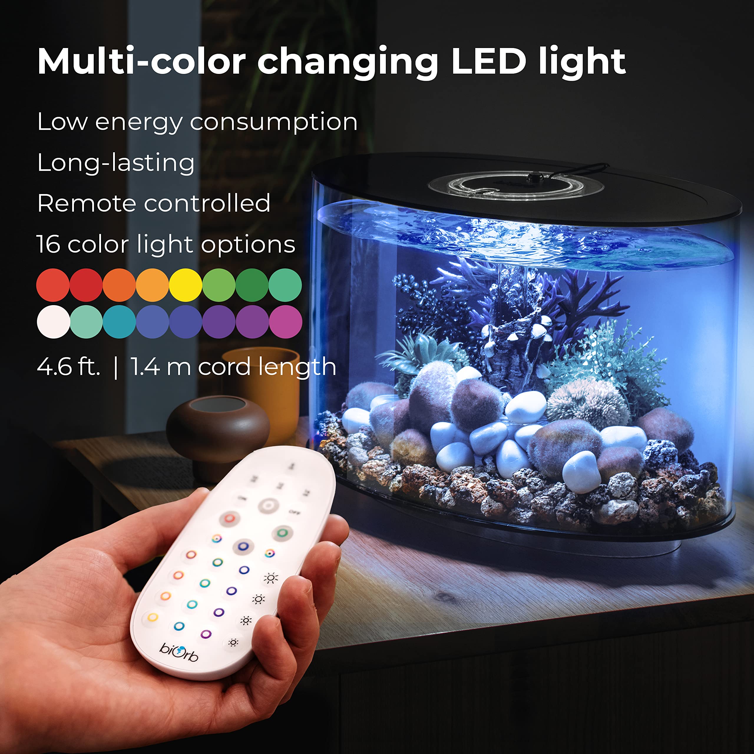 biOrb Loop 15 Acrylic 4-Gallon Aquarium with Multi-Color Remote-Controlled LED Lights Modern Compact Tank for Tabletop or Desktop Display, Black-Trimmed Tank - Image 6